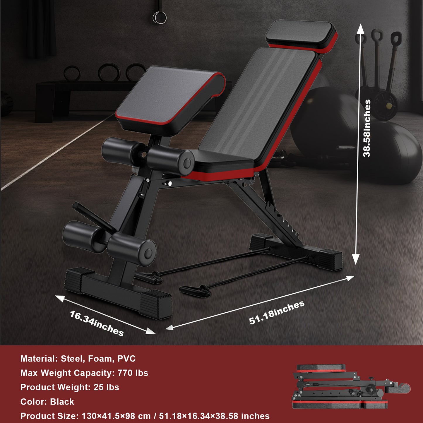 Weight Bench with Extended Headrest and Leg Extension, 7 Levels Adjustable and Foldable Workout Bench, 770 lbs, Incline & Decline Models Dumbbell Bench for Body Strength Training