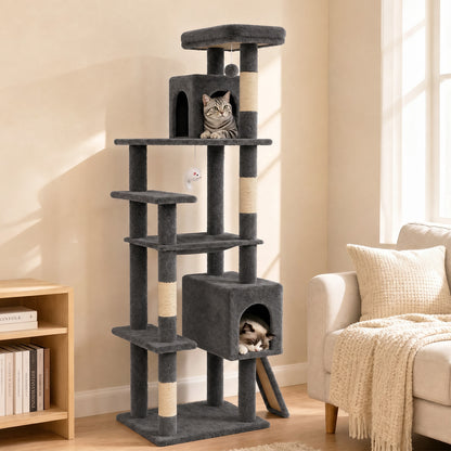 70" Cat Tree Tower, Heavy Duty Cat Tower for Multiple Adult Cats, Multi-Level Tall Cat Tree with 2 Condos, Hammock and Scratching Post for Indoor Kitties, Dark Grey