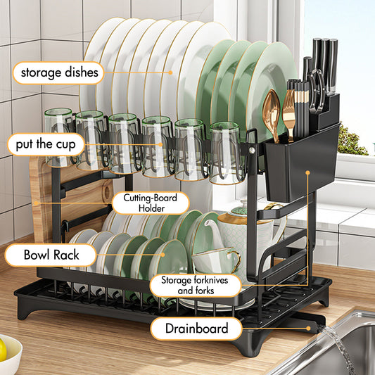 Over The Sink Dish Drying Rack with Drainage, Stainless Steel Large Multifunctional Dish Racks, Rustproof Dish Rack for Kitchen Counter Organization 2 Tier Black