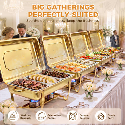 Gold Chafing Dish Buffet Set 4 Pack, 9QT Rectangular Stainless Steel Chafing Dishes with 3 Compartments, Party Food Warmer Buffet Set for Buffet Restaurants, Hotel Dining, Banquets