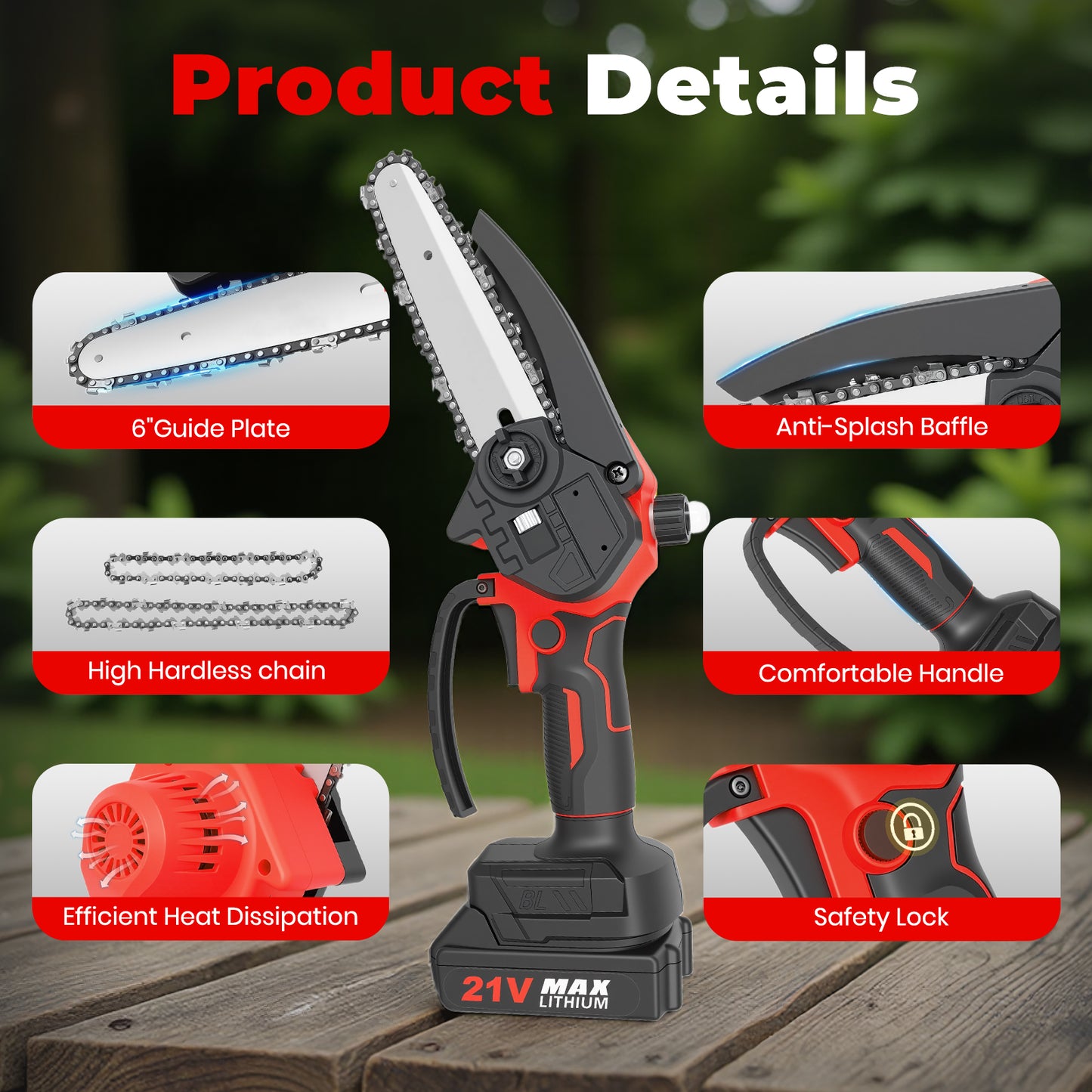 Mini Chainsaw Cordless, 6 inch & 4 inch Portable Electric Chainsaw with 2 Rechargeable Batteries and 3 Chains, for Tree Trimming Wood Cutting, Best Gifts for Father, Dad, Husband, Men, Red