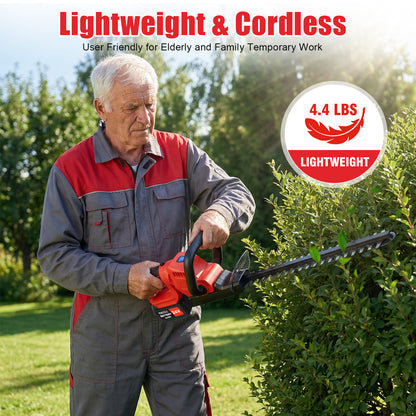 22" Cordless Hedge Trimmer, 21V Electric Hedge Trimmer with 2 x 4000mAh Batteries and Charger, Hedge Trimmer Cordless for Cutting and Trimming Bushes and Shrubs, Red