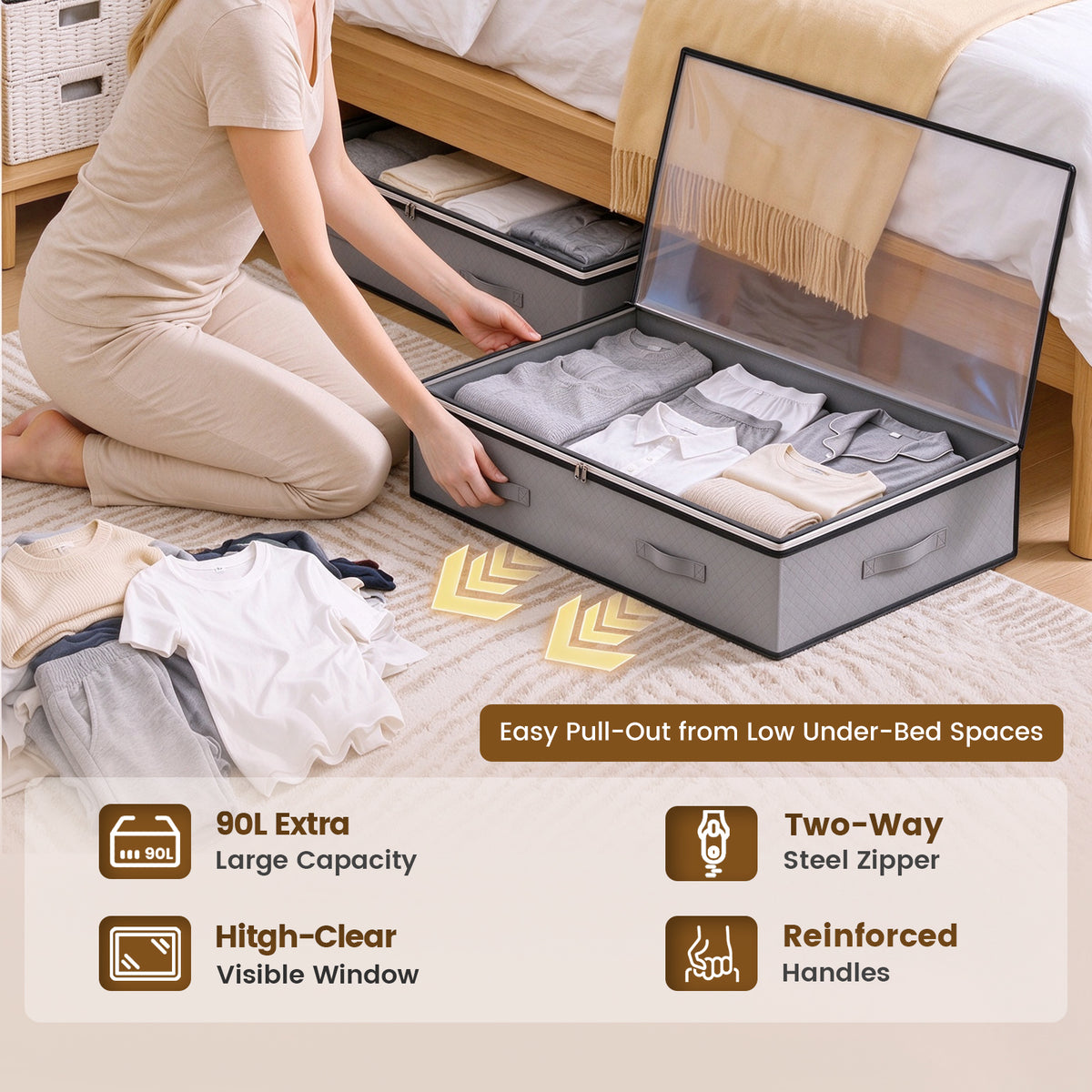 4 Pack 90L Underbed Storage, Under Bed Storage Containers with Clear Window, Underbed Storage Bins for Clothing, Bedding, Dark Gray