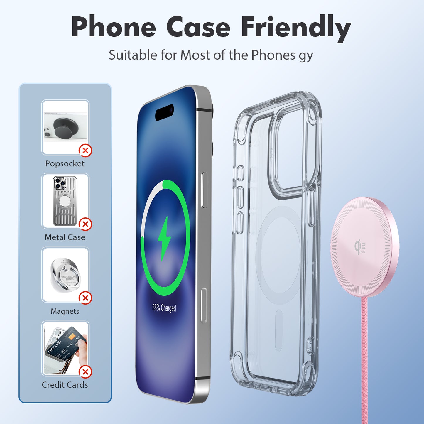Magnetic Wireless Charger, Slim Pink Charging Mat, 25W Fast Charging Pad Compatible for iPhone 17/16/15/14/13/12, AirPods