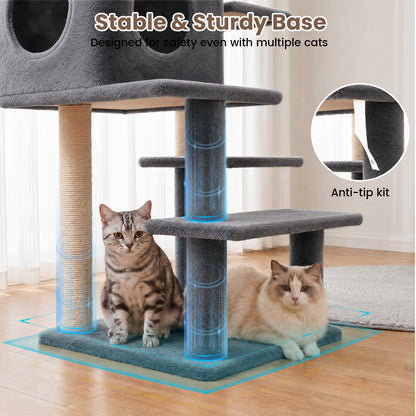 Sturdy 40-inch Cat Tree Tower with Cat Cave & Ramp Steps - Multi-Level Play & Sleep Center for Large Indoor Cats, Dark Gray