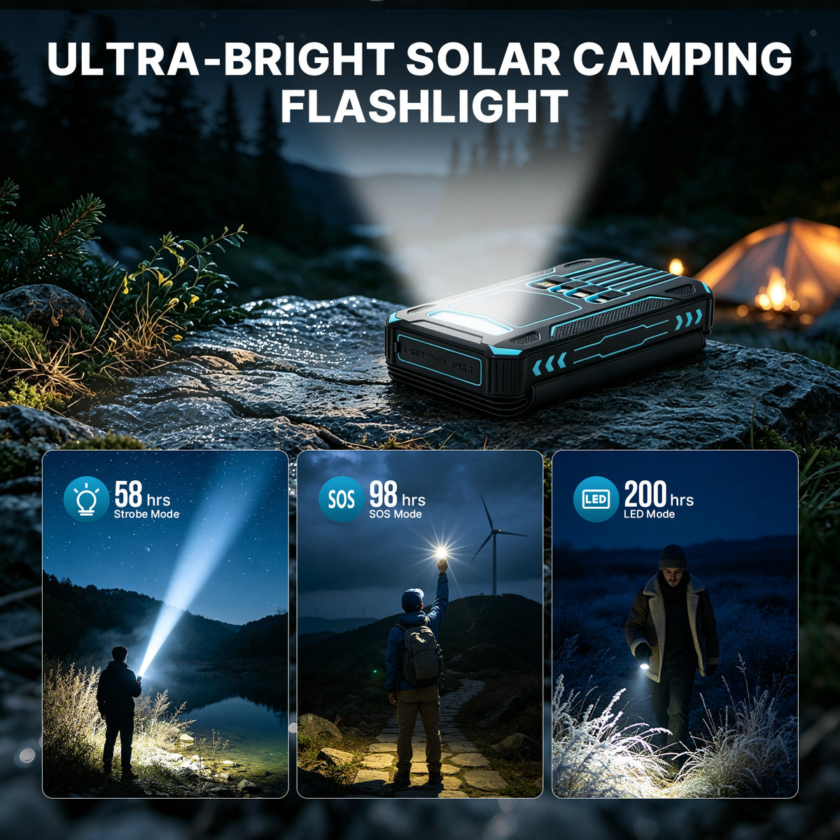 Solar Power Bank 46800mAh, PD15W Fast Charging Solar Charger with 4 Built-in Cables & Wireless Charging, Portable Solar Charger for Cell Phone, Solar Battery Pack for Camping (Blue)