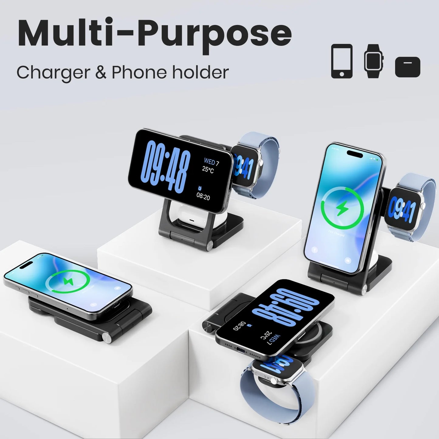 Magnetic Charging Station,3 in 1 Foldable Wireless Charger Compatible for iPhone 17/16/15/14/13/12 Plus Pro Max,Portable Charger Dock for iWatch & AirPods,Black