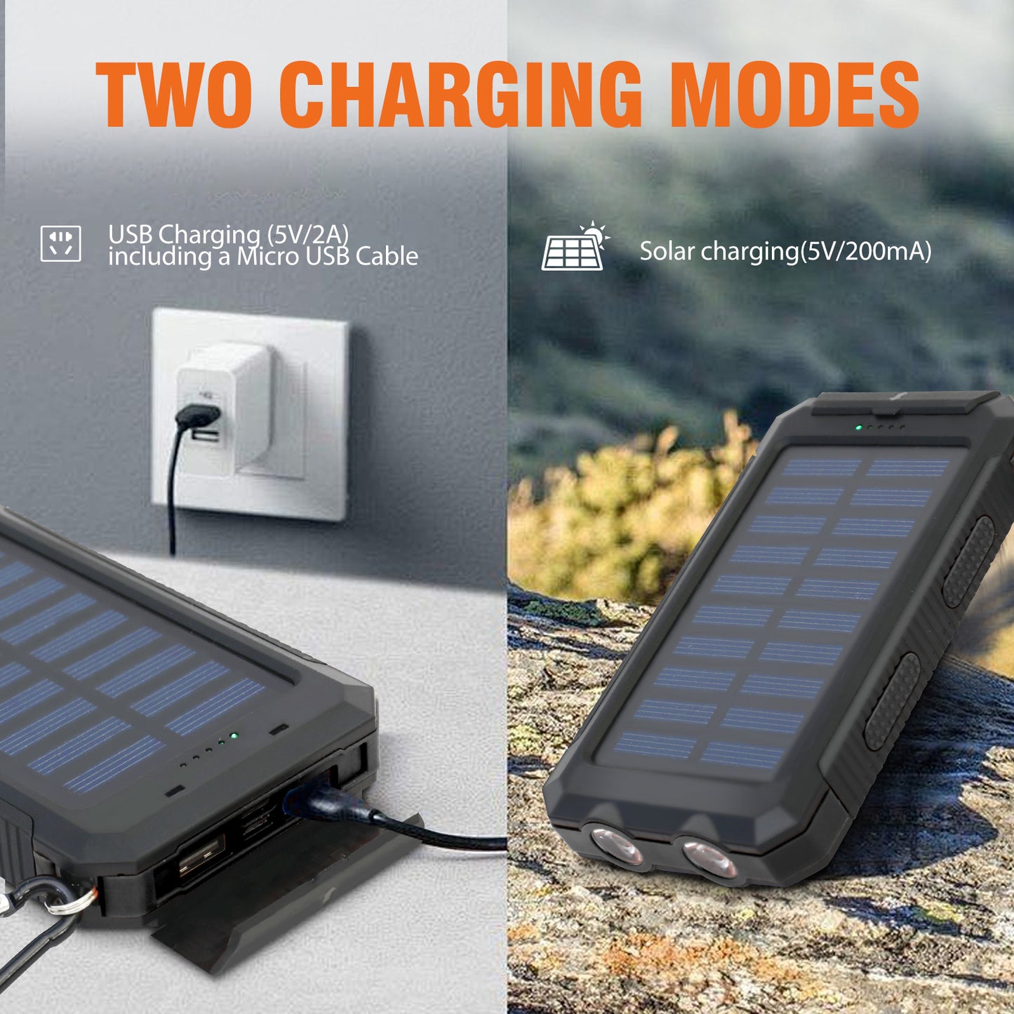 BAOKALER Solar Power Bank, Portable Charger, 20000mAh Solar Charger with LED Flashlight, IP65 Waterproof External Backup Battery Pack Perfect for Camping, Outdoor Activities（Black-2PK）