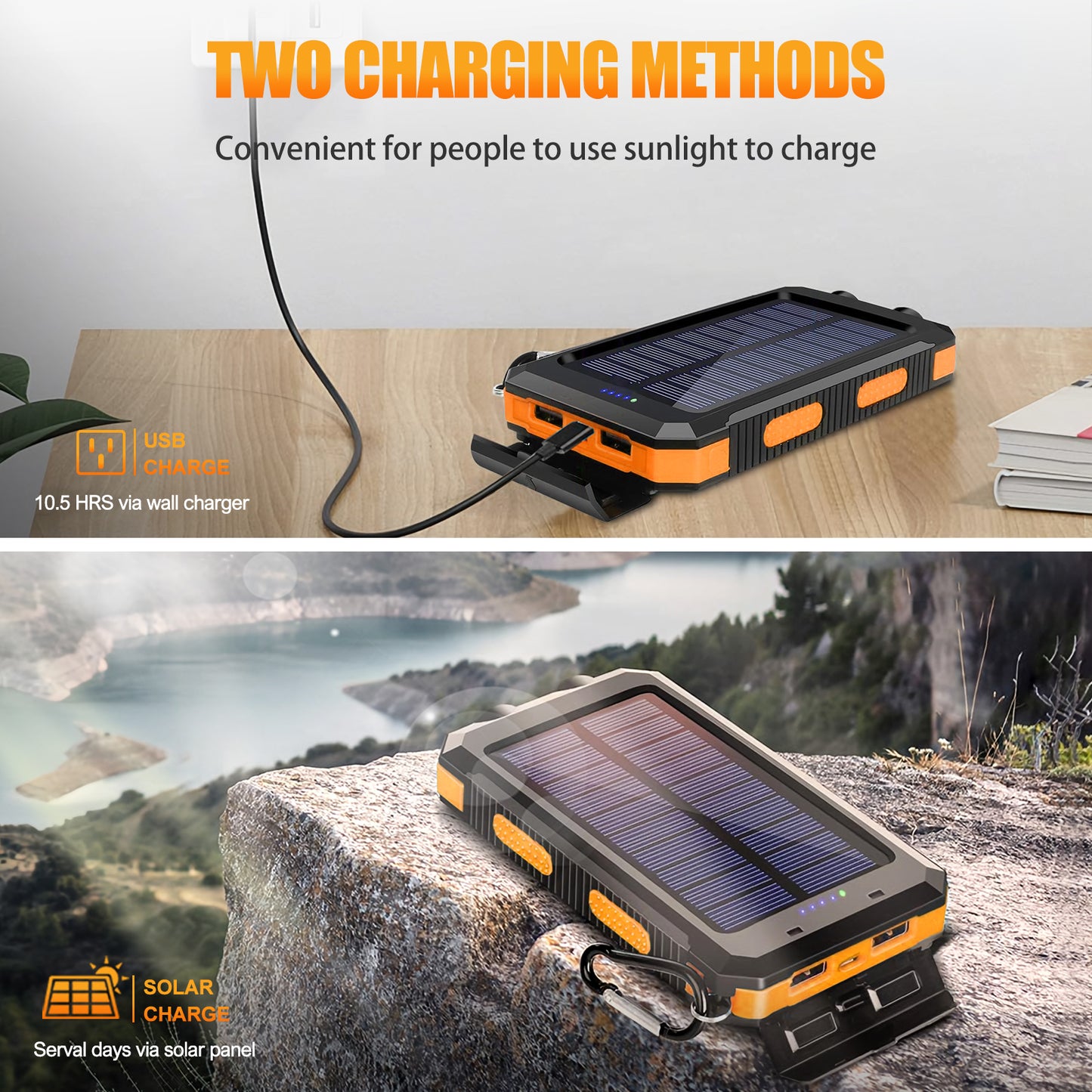 CATGOOD 10000mAh Portable Solar Charger for iphone and Android Power Bank with Dual 5V USB Ports for Outdoor Camping Hiking(Orange)