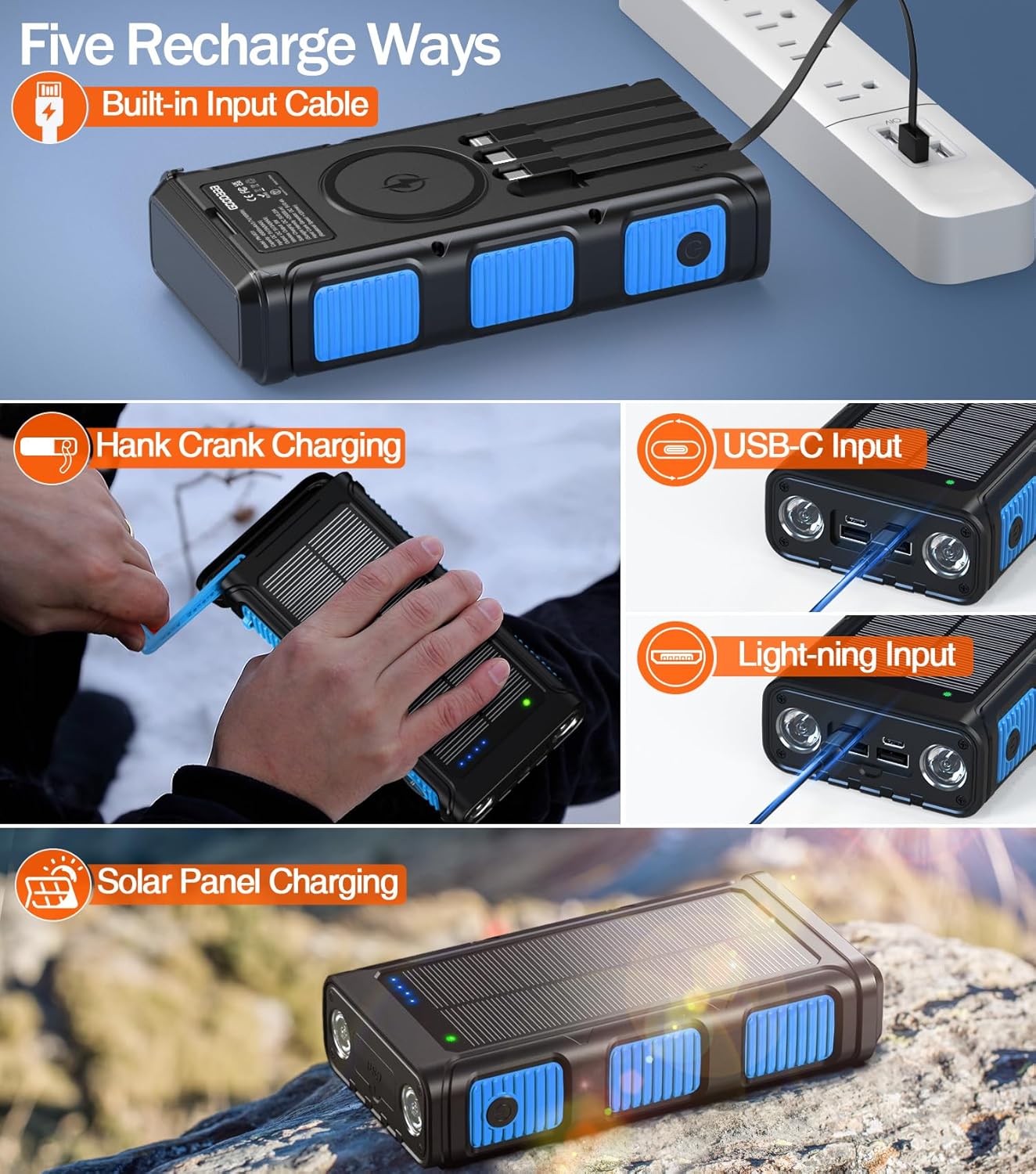 Power Bank Wireless Charger 68800mAh Built in Hand Crank and 4 Cables 15W Fast Charging Power Bank 7 Outputs & 4 Inputs Solar Portable Charger, SOS/Strobe/Strong Flashlights, Compass(Blue)