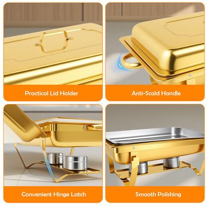 Chafing Dish Buffet Set 4 Pack,9QT Stainless Steel Gold Rectangle Chafing Dishes,Chafers and Buffet Warmers Sets for Events,Parties,Catering,Dinner