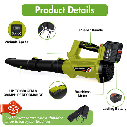 21V Cordless Leaf Blower, 650CFM / 280MPH High-Velocity Leaf Blower with 2¡Á6.0Ah Batteries & Fast Charger, 6-Speed Adjustment and LCD Display, for Patios Driveways Snow Leaves Clearing
