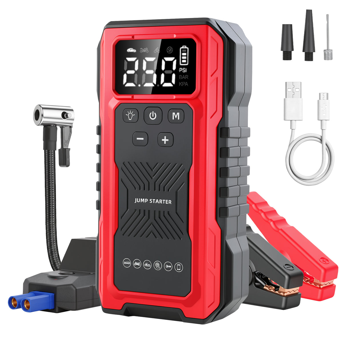 1200A Peak Car Battery Jump Starter with Tire Inflator, Portable 4?in?1 Jump Starter with USB Output & 150 PSI Air Compressor, 12V Jump Pack with Full?Screen LED Display and SOS Emergency Light, Red