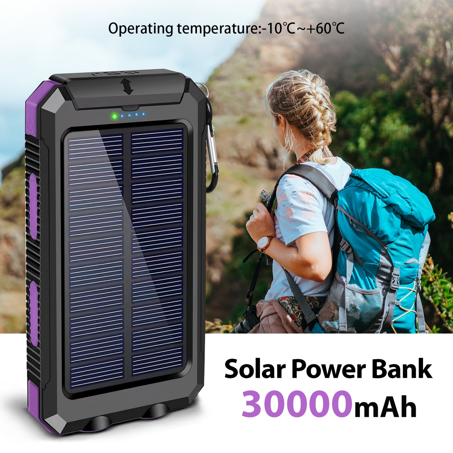 BAOKALER 30000mAh Solar Charger for Cell Phone iPhone, Portable Solar Power Bank with Dual 5V USB Ports, 2 Led Light Flashlight For emergency , Compass Battery Pack for Outdoor Camping Hiking(Purple)