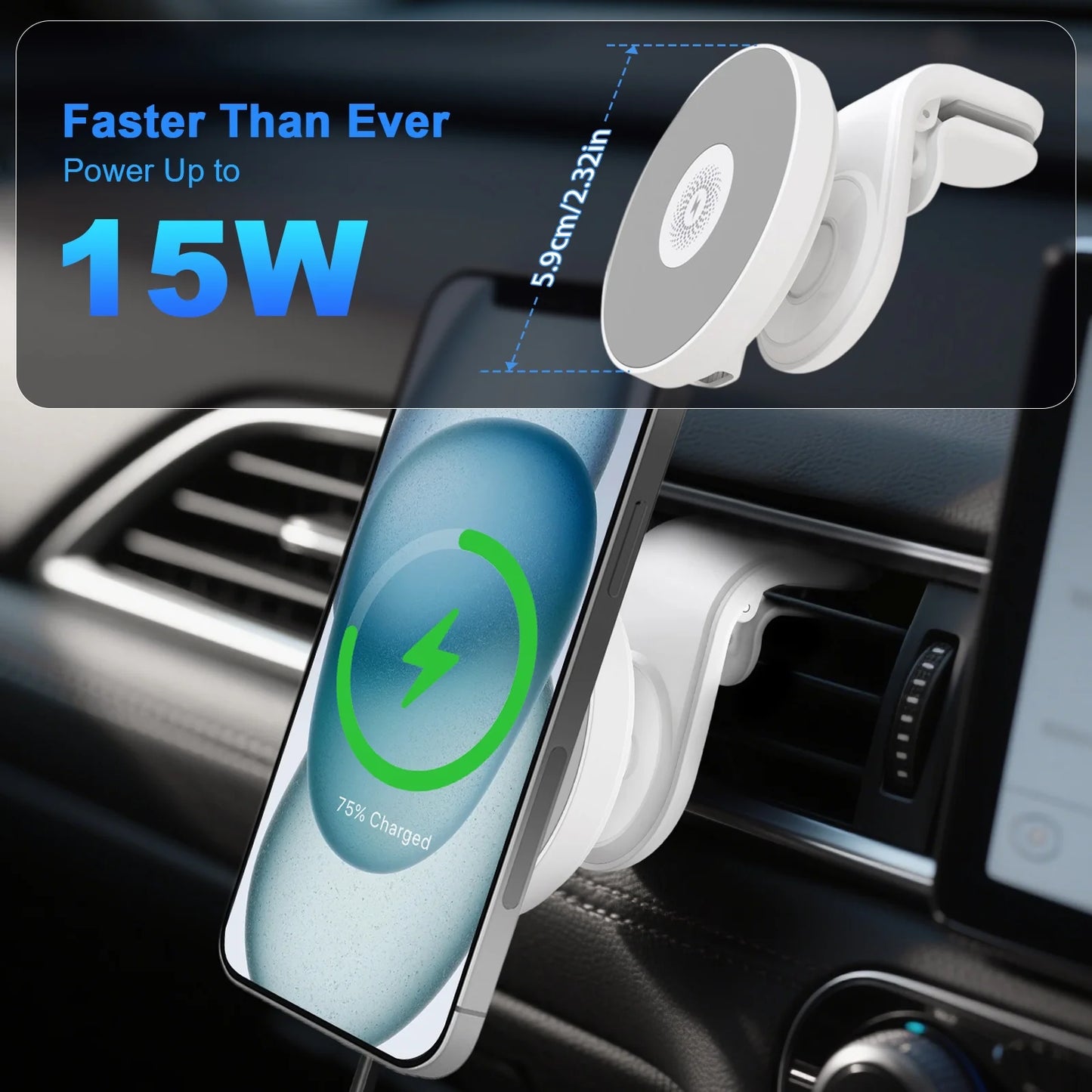 Magnetic Car Mount Charger for Mag-Safe,15W Fast Wireless Car Charger, 360¡ã Rotating Magnetic Phone Holder for Car Air Vent, Compatible with iPhone 17 16 15 14 13 12,Car Accessories,White