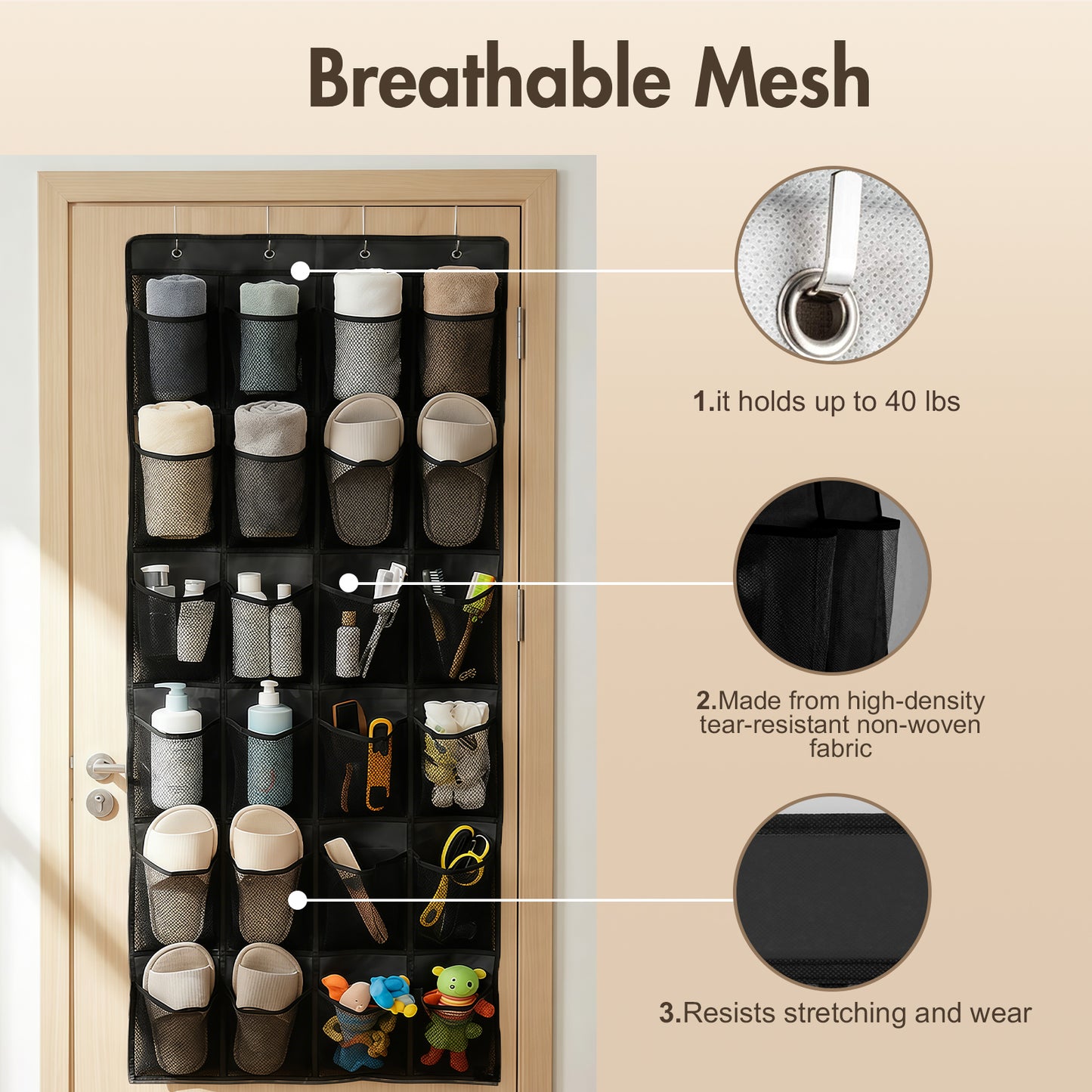 Over The Door Hanging Shoe Organizer, 24 Large Breathable Mesh Pockets, 2 Pack Hanging Shoe Storage Organizer, Black