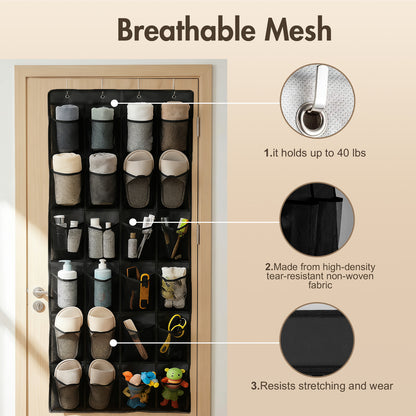 Over The Door Hanging Shoe Organizer, 24 Large Breathable Mesh Pockets, 2 Pack Hanging Shoe Storage Organizer, Black