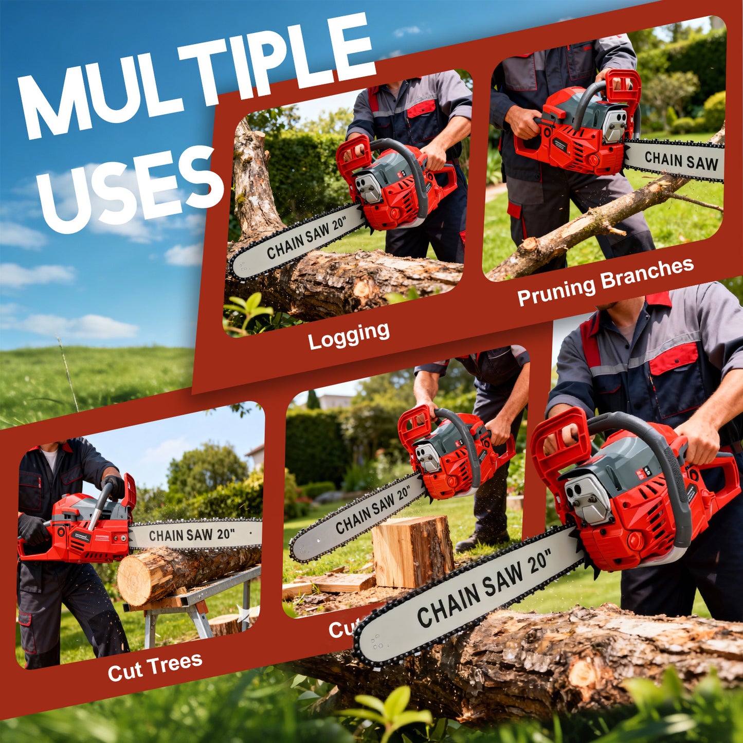 BAOKALER 20-Inch Gas Chainsaw, 10700 RPM 2-Cycle 62CC Heavy Duty Gas Chainsaw, 3.4HP Powerful Chainsaws, for Farm/Garden/Ranch/Wood Cutting