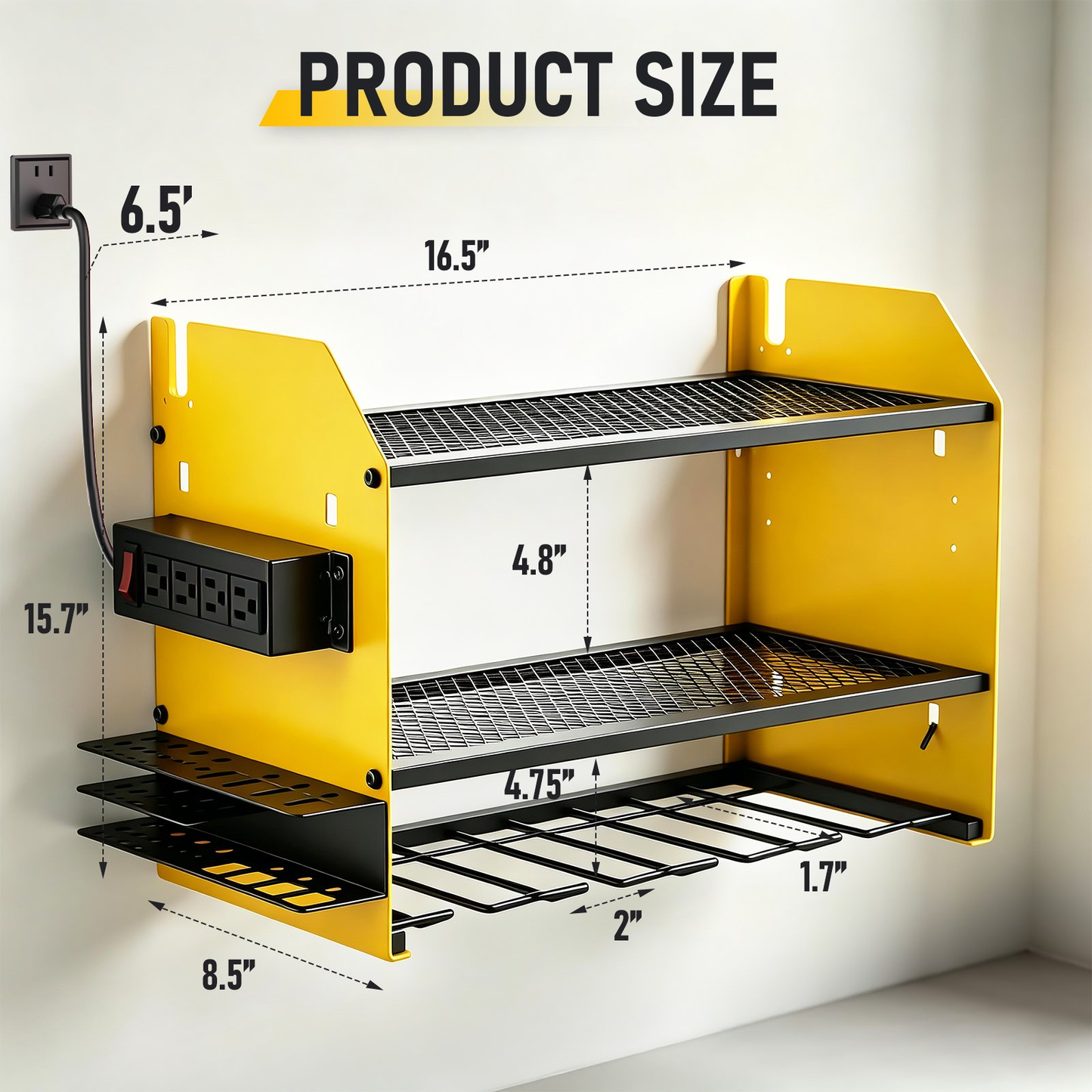 CATGOOD Power Tool Organizer Wall Mount with Charging Station, Tool Storage Shelf Loads 200 lbs Capacity 4 Outlets Storage Rack Holds 4 Drills for Garage Storage(Yellow)