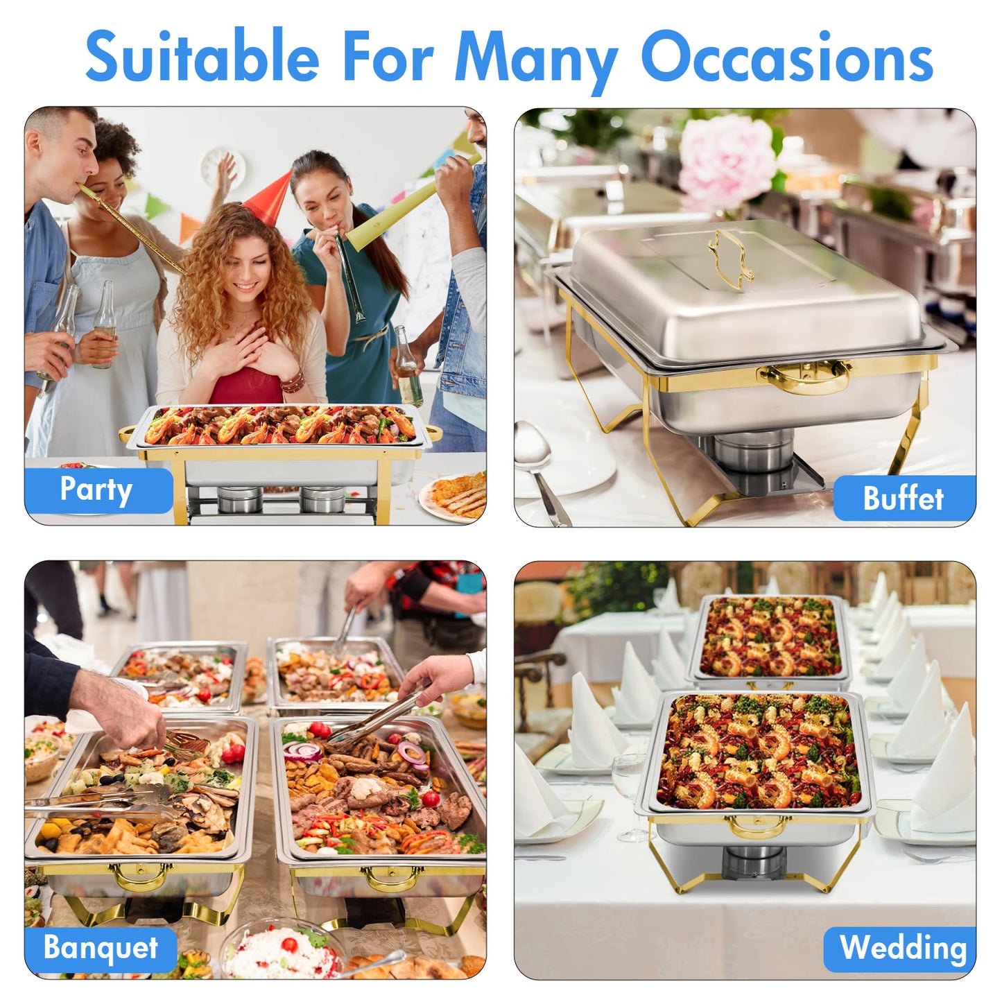 4 Pack Chafing Dish Buffet Set 9QT Stainless Steel Chafing Dishes, Single/Double/Triple Compartment, Buffet Server Food Warmer for Buffet, Birthday, Holiday Parties, and Family Gatherings-Semi-gold
