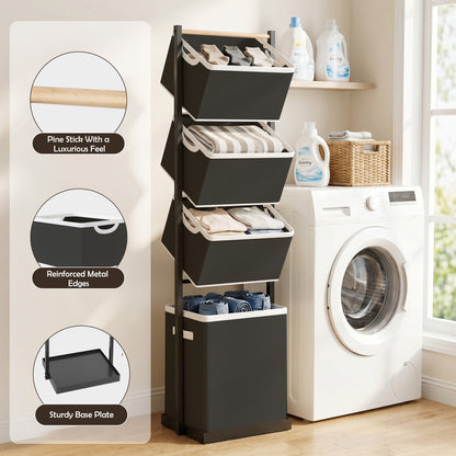 Laundry Hamper, Laundry Basket, 4 Tier Laundry Sorter, Metal Stackable Laundry Basket Organizer with Removable Basket and Removable Bags, 59"x12.6"x15.7" Clothes Organizer Basket, Black