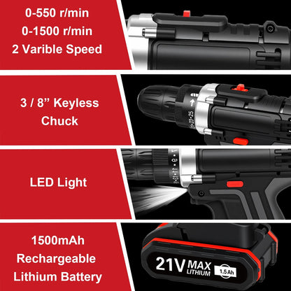 21V Cordless Drill Set with 2 Batteries, 3/8" Keyless Chuck, Multi-Functional Electric Power Drill Kit, Portable, 2 Variable Speed & LED Light, Black