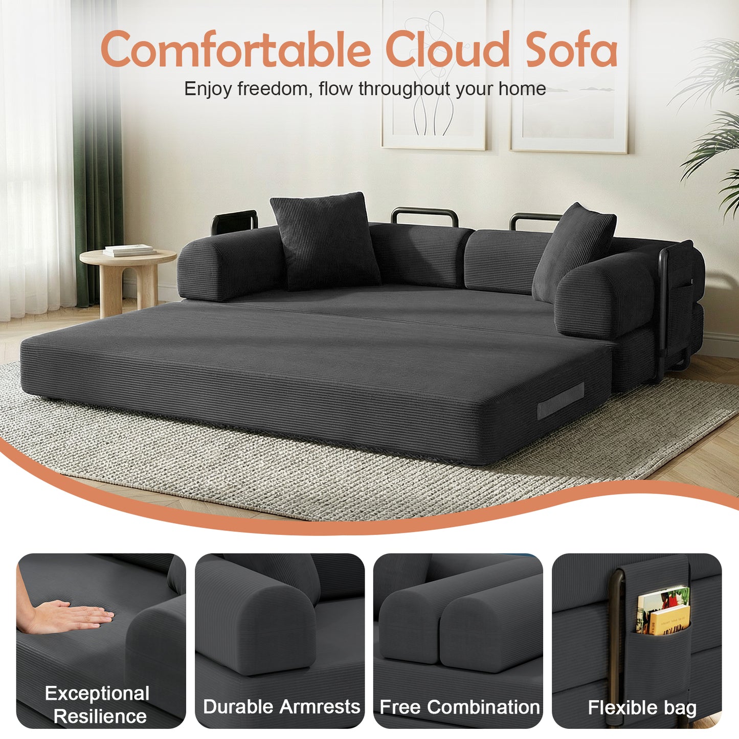 CATGOOD Sectional Couch for Living Room, Convertible Sofa Bed with Soft Corduroy, 78 Inch Modular Futon Couch Free Assembly, Gray