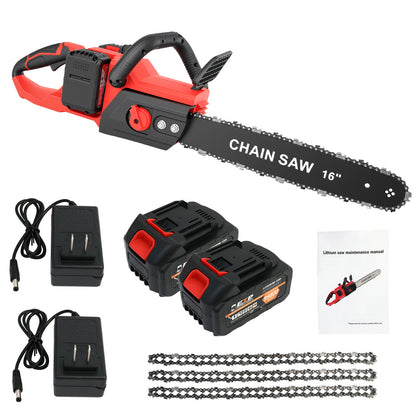 16-inch Cordless Chainsaw with 2x3000mAh Batteries, Electric Chainsaw with 3 Chains & Dual Chargers for Wood Cutting Tree Trimming