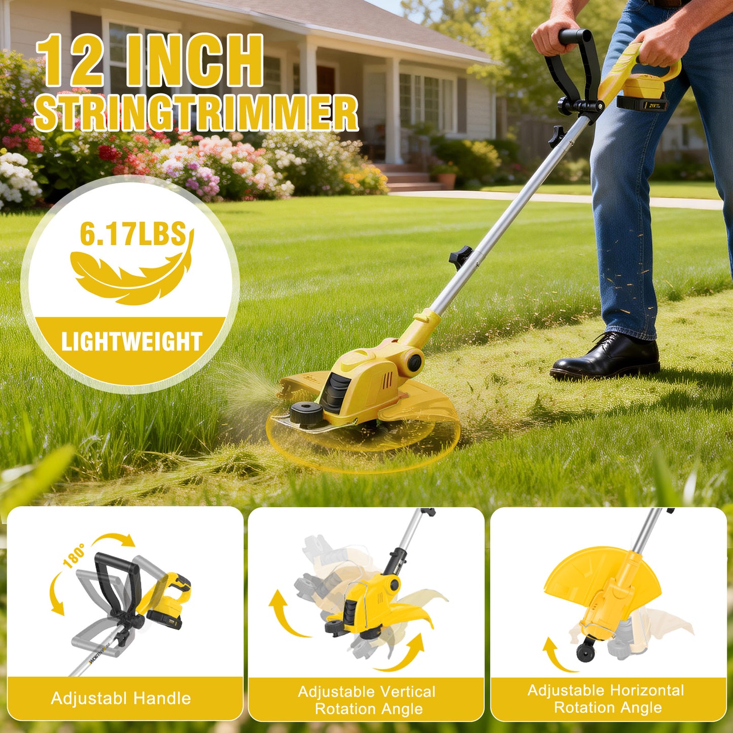 CATGOOD 21V Weed Eater Cordless, 2AH Electric Weed Wacker with 2 Batteries, 3-in-1 Lawn Edger with Auto Line Feed, Foldable String Trimmer with Fast Charger, Yellow