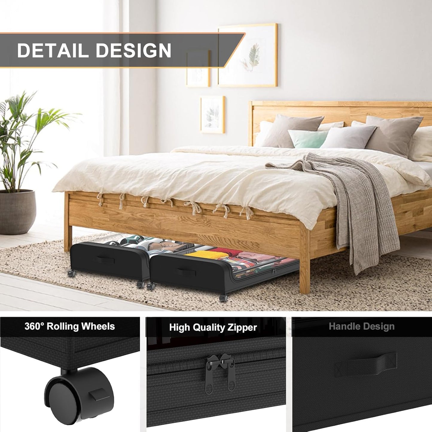 Under Bed Storage with Wheels, 2 Pack Under Bed Storage Containers, Under Bed Shoe Storage Organizer, Rolling Under Bed Metal Drawer for Clothes, Black