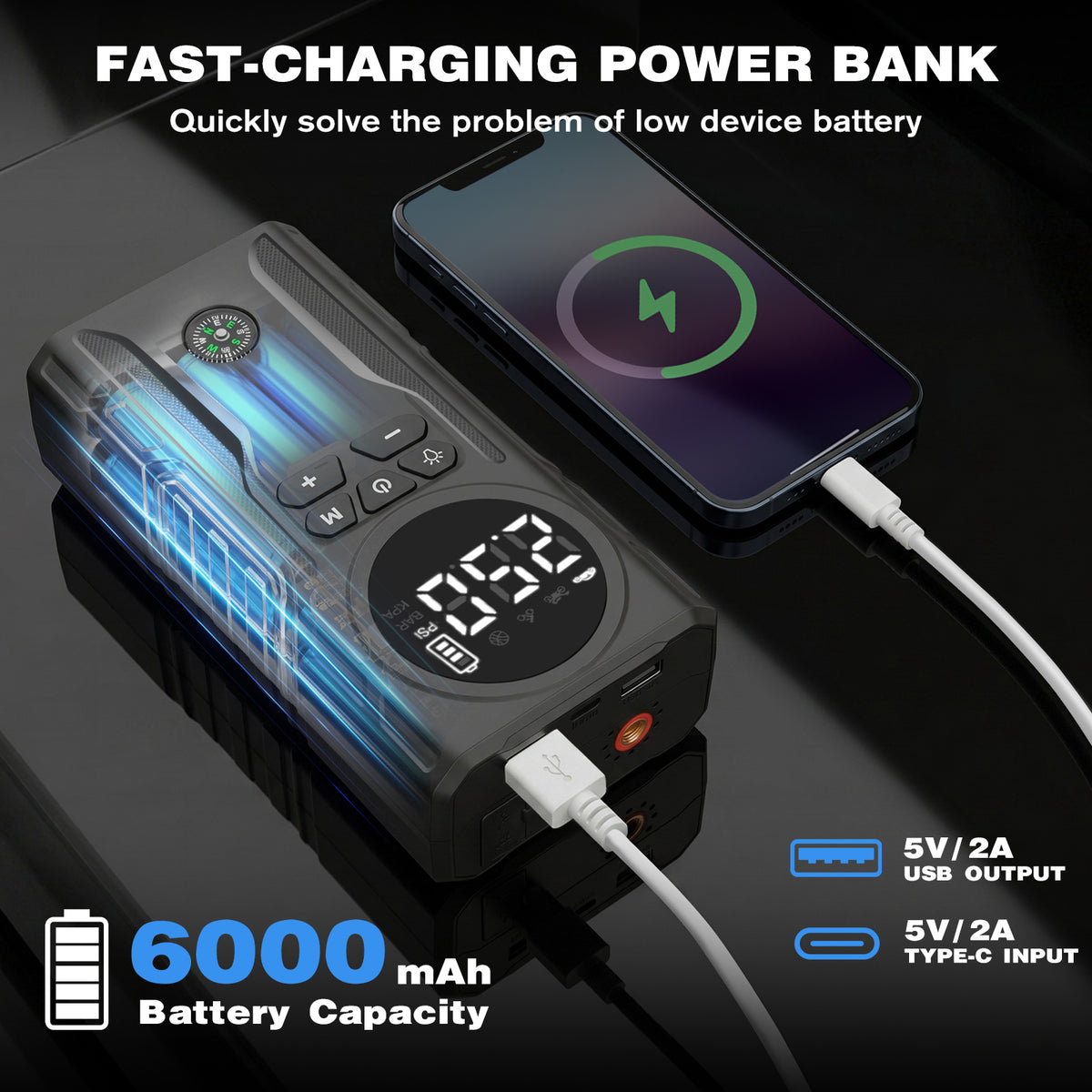 800A Peak Car Battery Jump Starter with Tire Inflator, Portable 6?in?1 Jump Starter with Dual USB Ports & 12V DC Output, 12V Jump Pack with 300?Lumen Tri?Mode SOS LED Light, Black