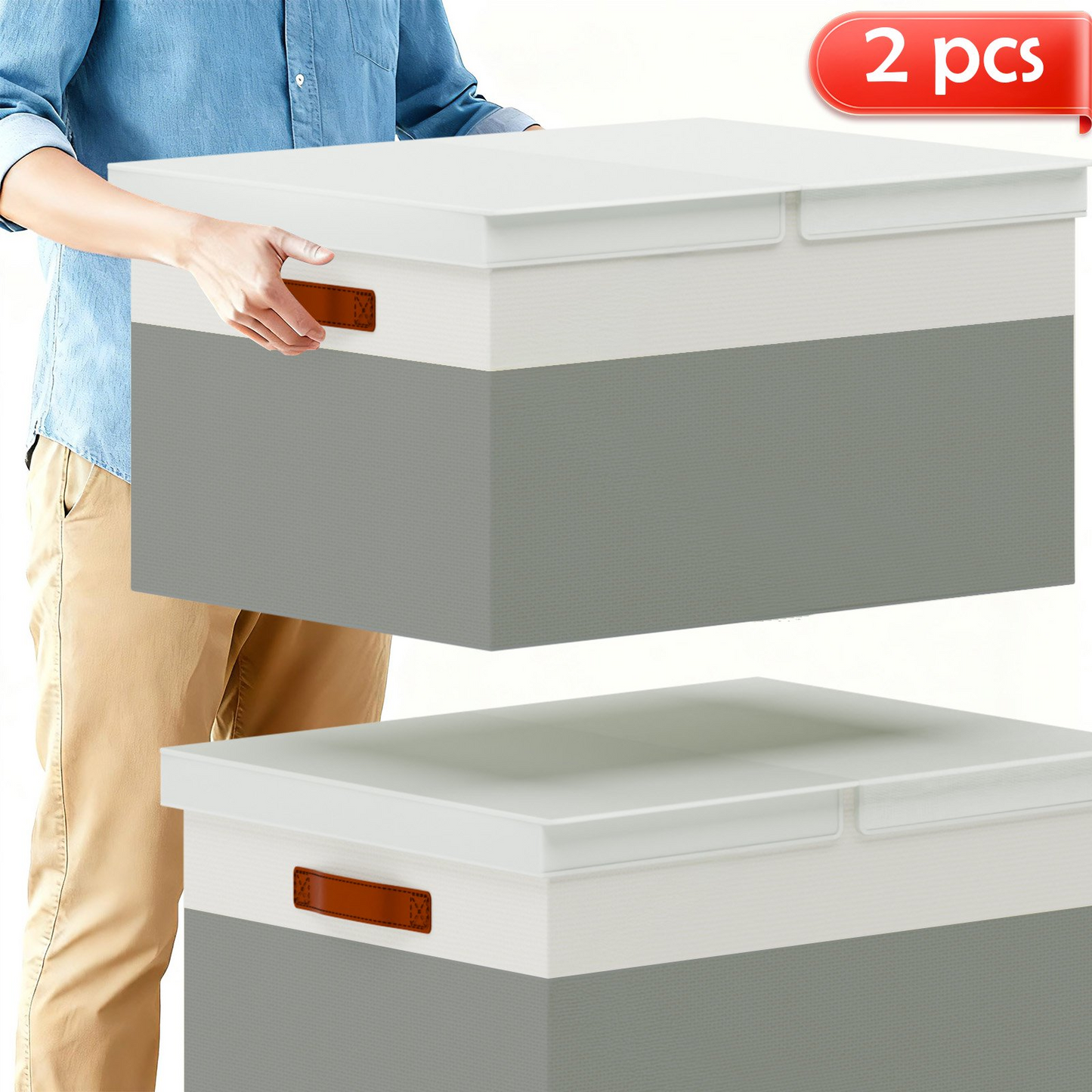 Storage Bins with Lids, 2 Pack Extra Large Blanket Storage Baskets with Lids, Closet Organizers Bins for Living Room, Nursery, Gray and White
