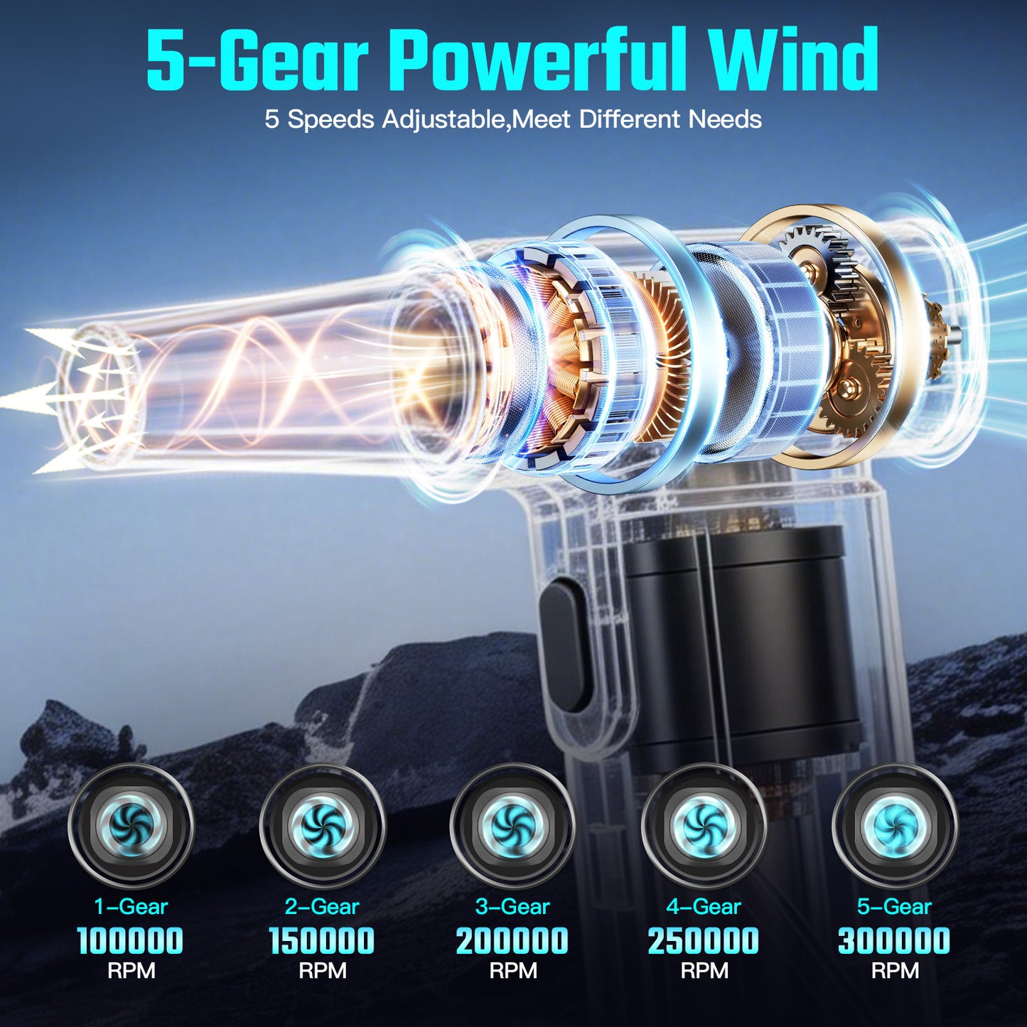 Compressed Air Duster 5 Gear Adjustable, 300000RPM Burshless Air Duster with LED Light, Rechargeable Cordless Air Blower for Keyboard Electric Devices Cleaning