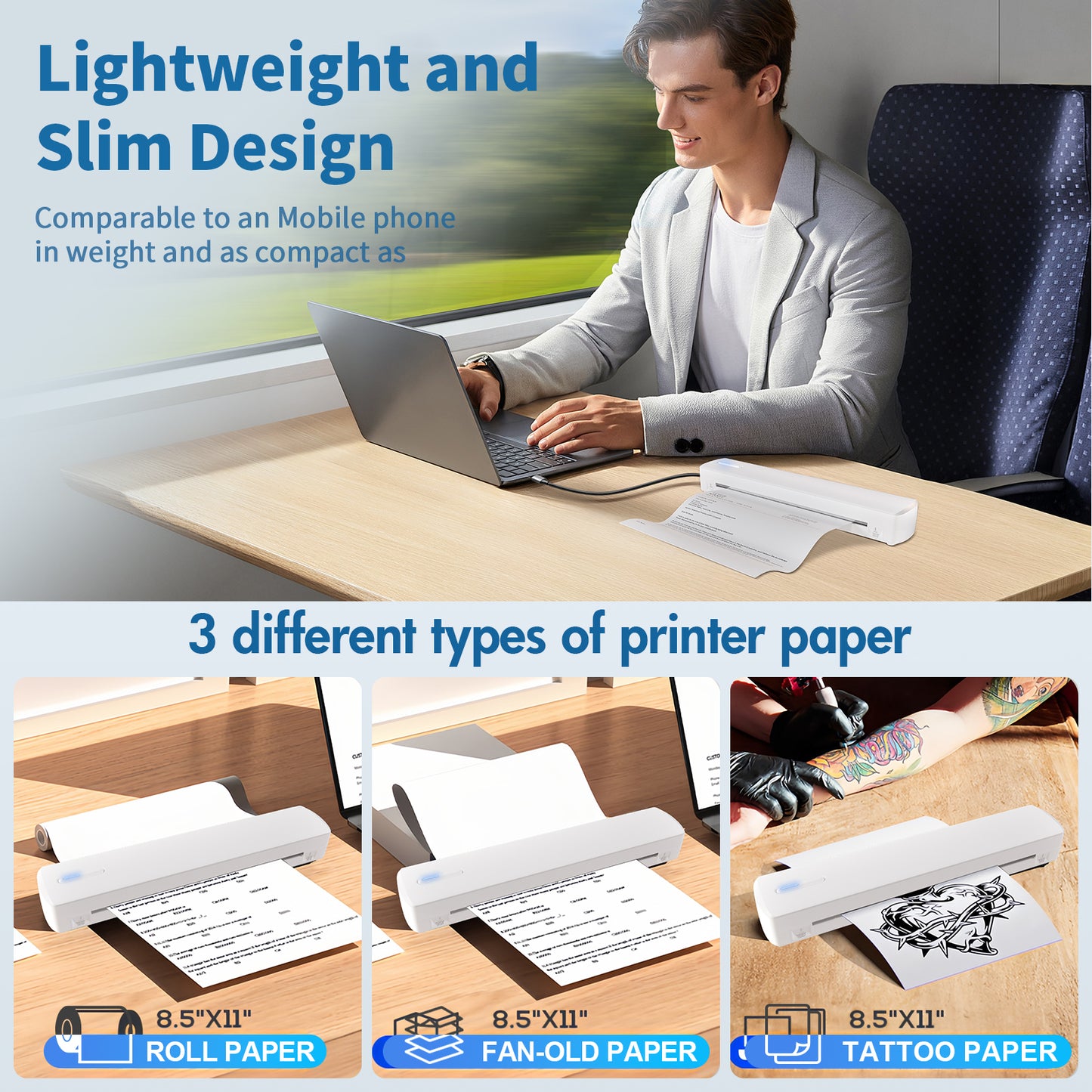 Wireless Printer, A4 Thermal Printer, Monochrome for Travel, Mobile Office School Home, Bluetooth Printer Compatible with Ios and Android, for Phone and Laptop