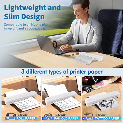 Wireless Printer, A4 Thermal Printer, Monochrome for Travel, Mobile Office School Home, Bluetooth Printer Compatible with Ios and Android, for Phone and Laptop