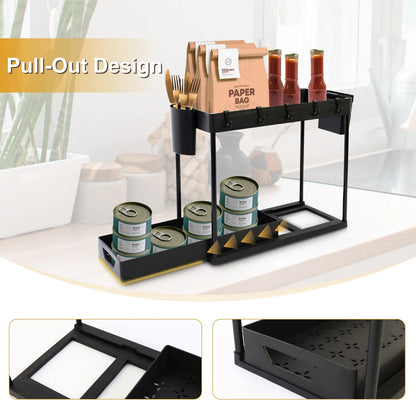 2 PCS Under Sink Organizer Pull-Out, 2-Tier Multifunctional Kitchen Bathroom Organizers and Storage, Under Cabinet Storage for Home, Black