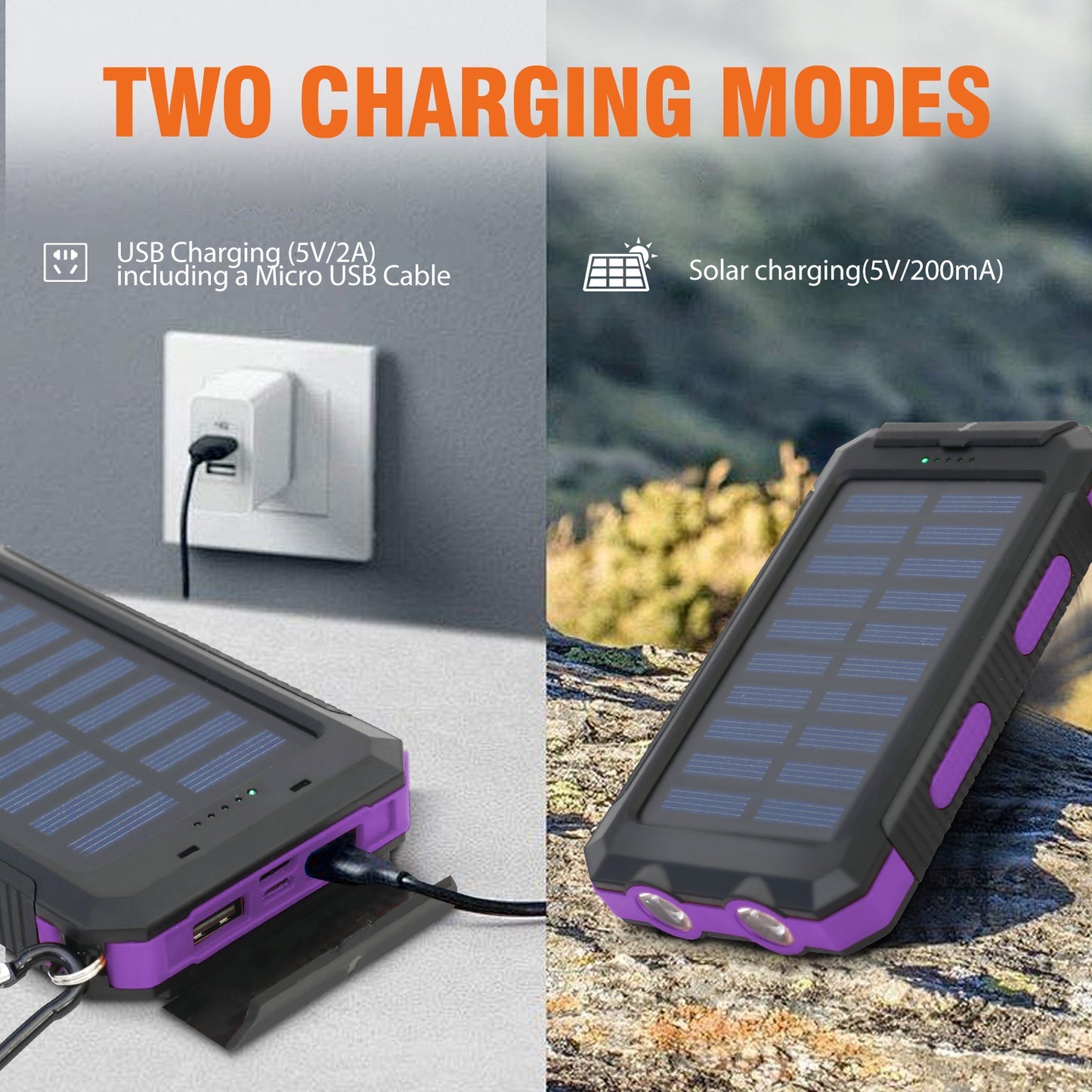 BAOKALER Solar Power Bank, Portable Charger, 20000mAh Solar Charger with LED Flashlight, IP65 Waterproof External Backup Battery Pack Perfect for Camping, Outdoor Activities(Purple-2PK)