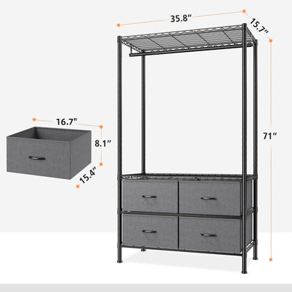 Clothes Rack, Heavy Duty Clothing Rack for Hanging Clothes, 4-Tier Adjustable Closet Organizer with 4 Drawers, Hanging Rod Side Hooks Load 445lbs