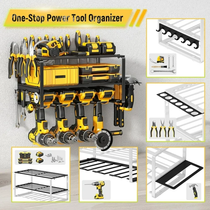 CATGOOD Power Tool Organizer, 3 Layers Storage Rack with 4 Drill Holders, Heavy Duty Metal Floating Tool Shelf Garage Wall Mounted, 180Lbs Load Capacity