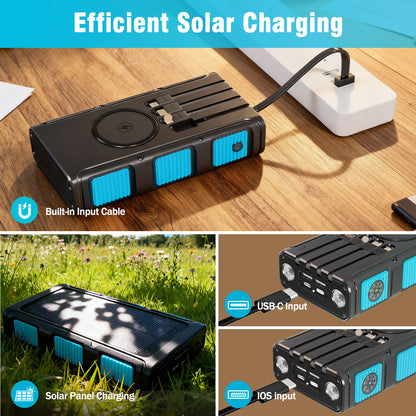 Power Bank Wireless Charger 68800mAh Built in Hand Crank and 4 Cables 15W Fast Charging Power Bank 7 Outputs & 4 Inputs Solar Portable Charger, Sos/Strobe/Strong Flashlights, Compass(Blue)