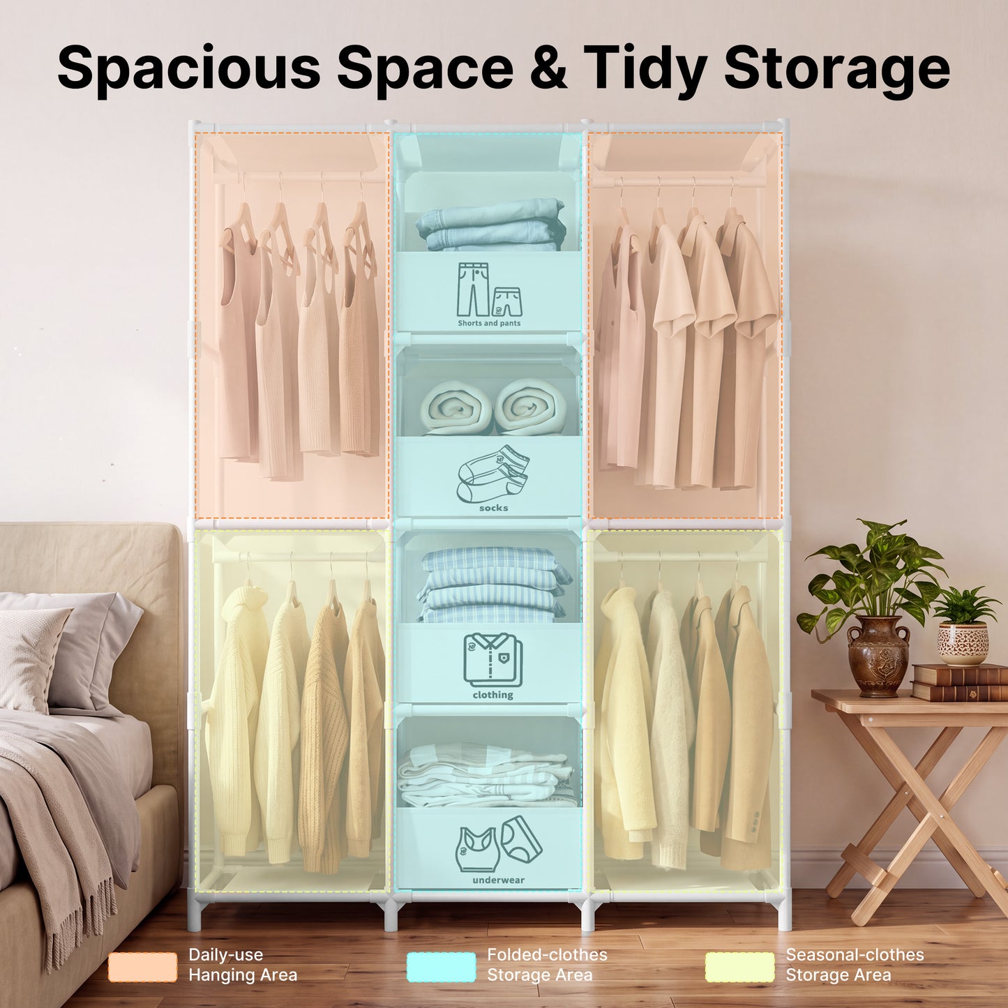Portable Closet, Wardrobe Closet for Hanging Clothes with 4 Storage Drawers, Freestanding Closet Organizers and Storage for Bedroom, White