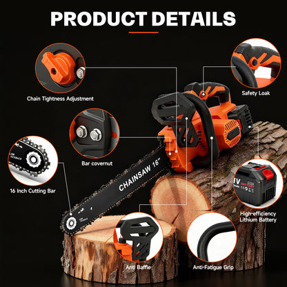 Brushless 16-Inch Chainsaw Cordless with 2×6.0Ah Batteries, Electric Chainsaw with 3 Chains, for Wood Cutting and Yard Work