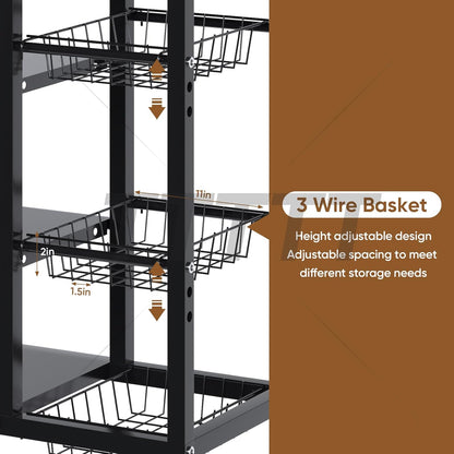 CATGOOD Kitchen Metal Shelf with 3 Baskets, 4 Tiers Multi-Functional Shelf with Wheels, Multi-Layer Mobile Kitchen Shelf Free Standing, Suitable for Kitchen, Bedroom, Living Room, and Balcony, Black