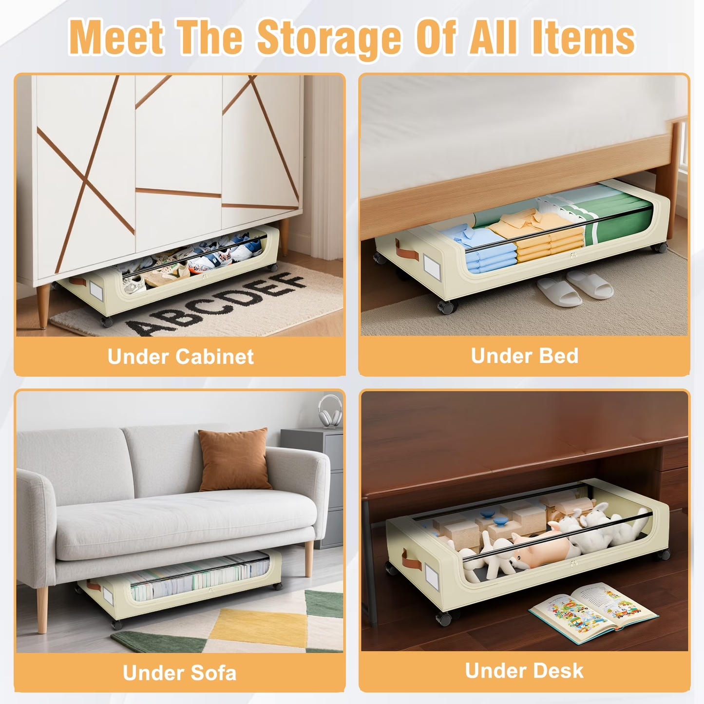 Under Bed Storage with Wheels, 2-Pack Under Bed Storage Containers with Clear Lids, Under the bed storage Organizer Bins, Rolling Under Bed Metal Drawer for Clothes,Shoes,Toys (White, 4Pack)