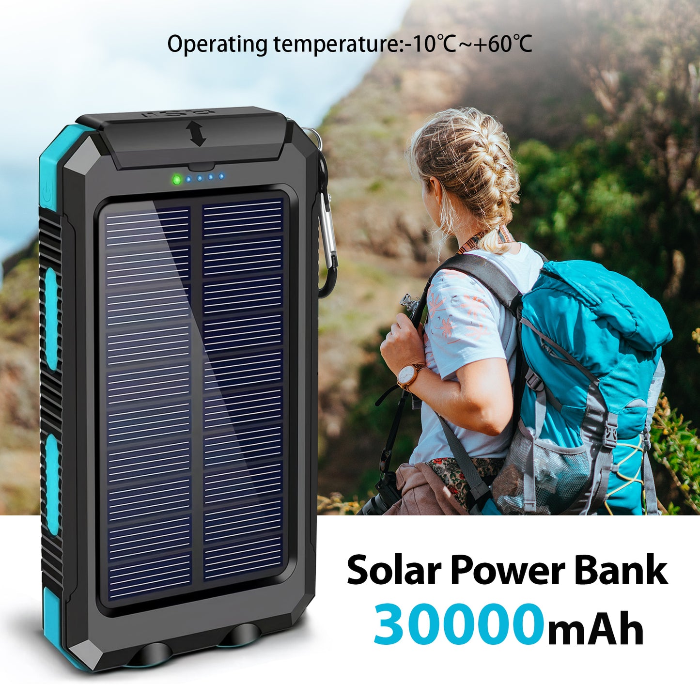 BAOKALER 30000mAh Solar Charger for Cell Phone iPhone, Portable Solar Power Bank with Dual 5V USB Ports, 2 Led Light Flashlight, Compass Battery Pack for Outdoor Camping Hiking(Blue)