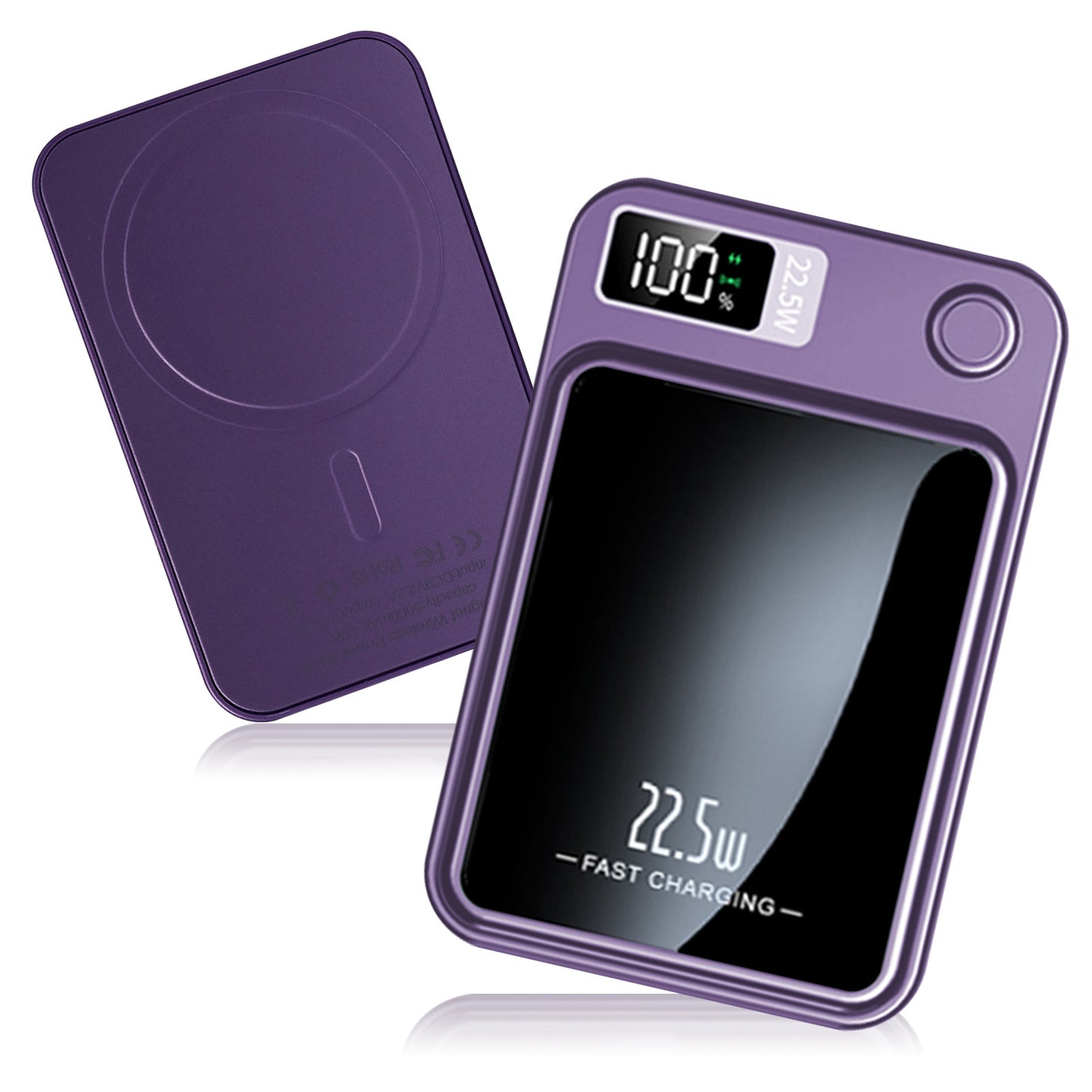 2 in 1 Portable Magnetic Wireless Power Bank, 10000mAh 22.5W Fast Charging, with LED Power Display, Suitable for Outdoor Emergency Backup Power Bank, Compatible with Multi Device, Purple