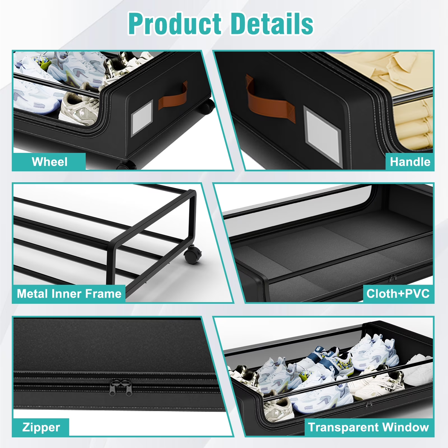 Under Bed Storage with Wheels, 4-Pack Under the Bed Storage Containers with Clear Lids & Label, Underbed Storage Bins, Rolling Metal Drawer for Clothes, Shoes, Toys, Books - Black