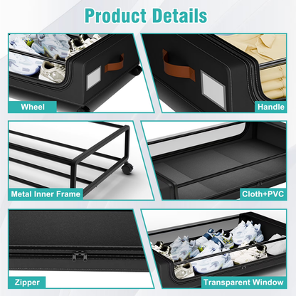 Under Bed Storage with Wheels, 4-Pack Under the Bed Storage Containers with Clear Lids & Label, Underbed Storage Bins, Rolling Metal Drawer for Clothes, Shoes, Toys, Books - Black