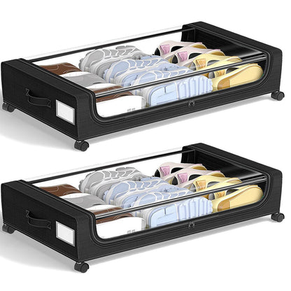 Under Bed Storage with Wheels, 2-Pack Under the Bed Storage Containers with Clear Lids & Label, Underbed Storage Bins, XXL 60L Rolling Metal Drawer for Clothes, Shoes, Toys, Books - Black
