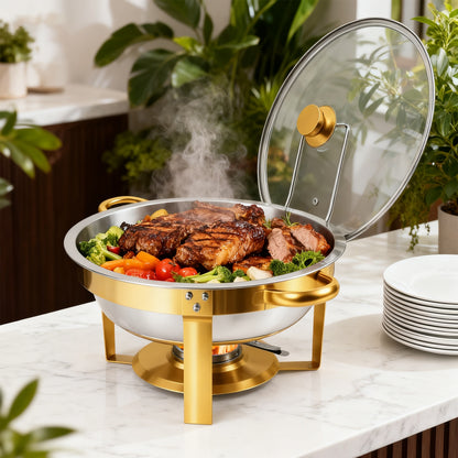 Chafing Dishes for Buffet, 1 Pack 5QT Round Semi-Gold-Plated Stainless Steel Buffet Server, Warmers with All-Gold Serving Tongs, Food Warmers for Parties Buffet, Events & Weddings